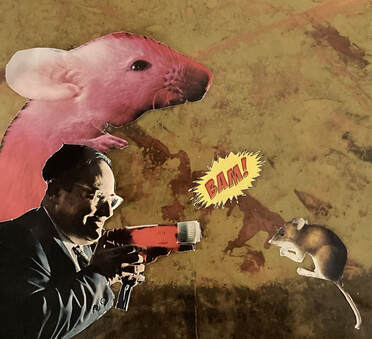 Photo collage of a big pink mouse and below it a man holding a gun on a brown field mouse against a brown stone background
