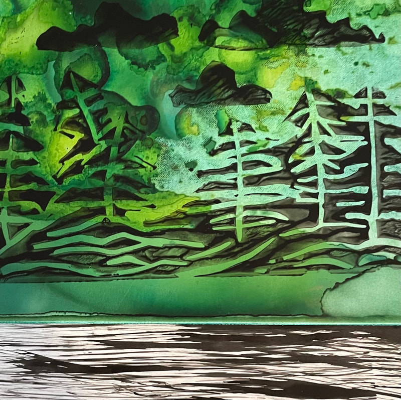 Digital painting of a riverbank with forest in abstract