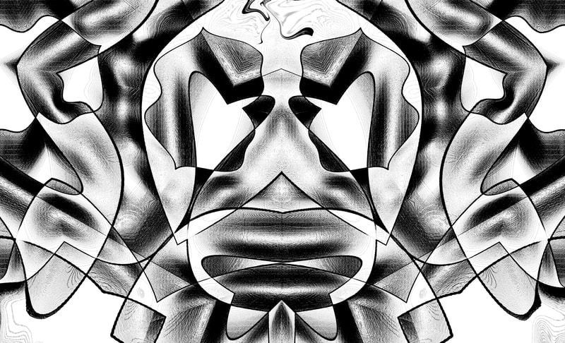 black and white digital painting with geometrical patterns reminiscent of a face or a fly