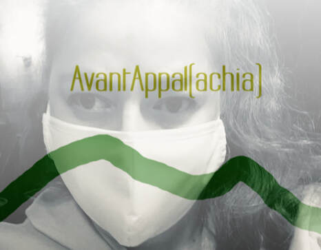 AvantAppal(achia) logo superimposed over a black and white selfie of Sabne Raznik wearing a cloth face mask