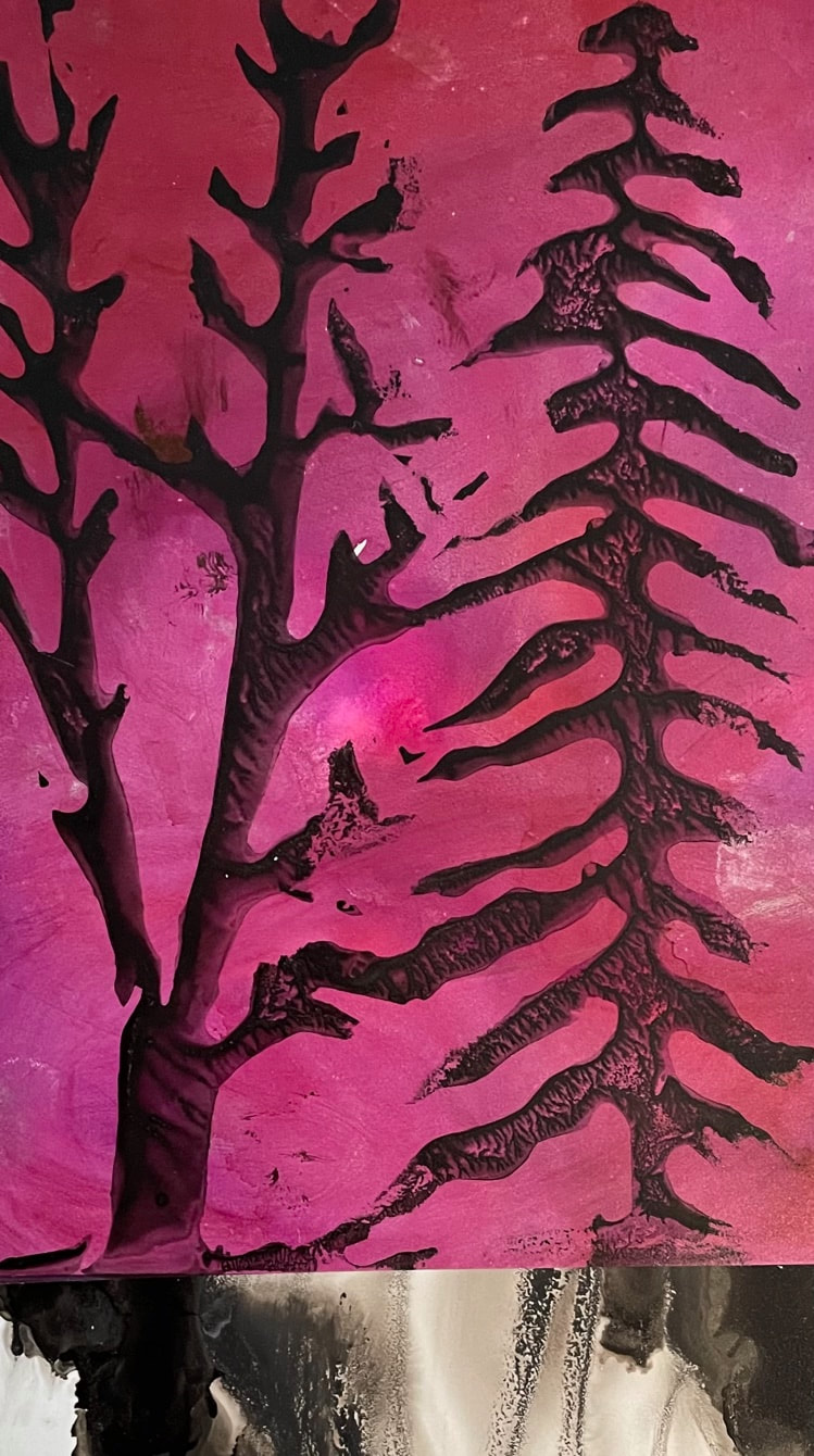 digital painting of two abstract trees washed in hot pink